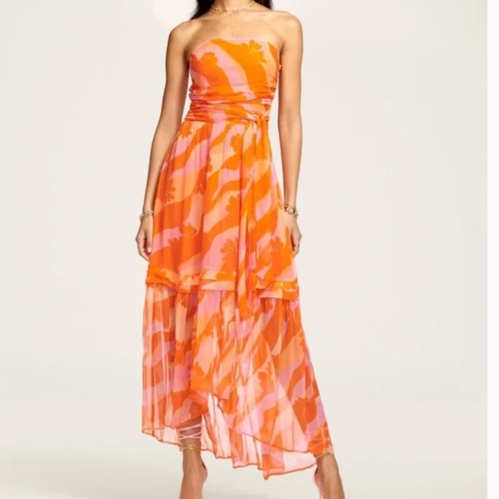 Ramy Brook Bernadette Strapless Midi Dress Orange Pink Sz 00 NEW